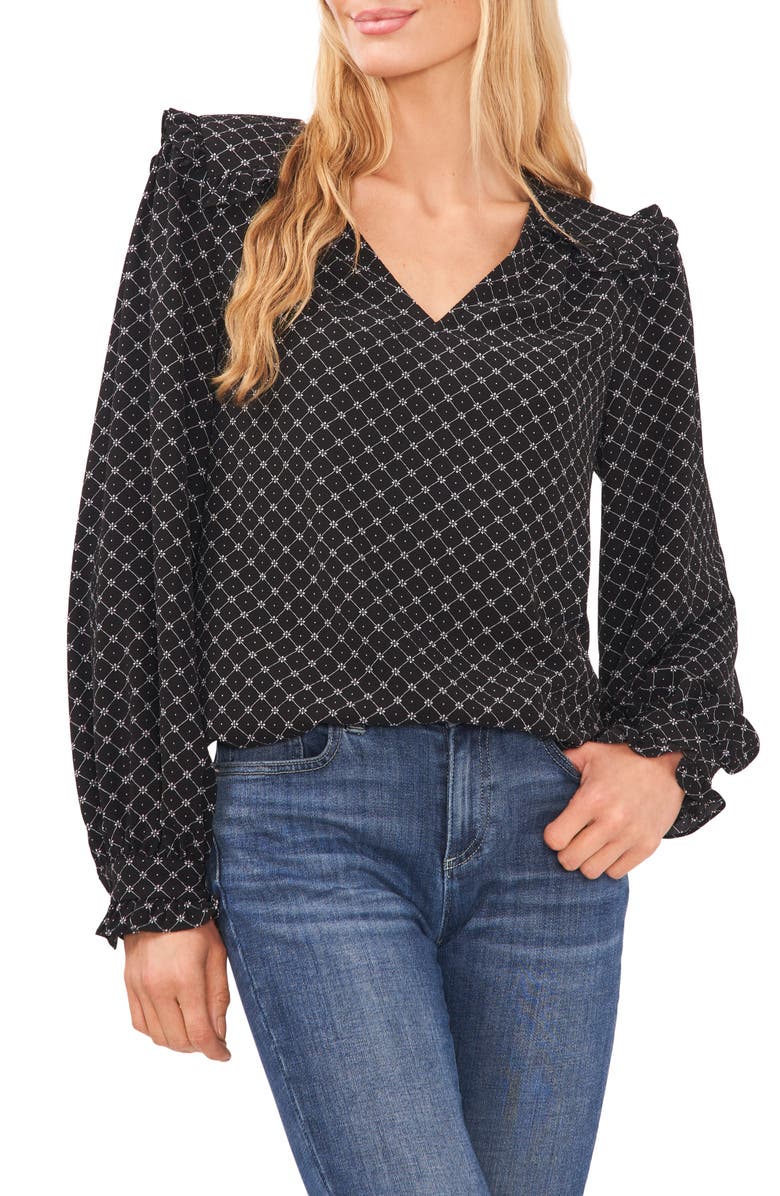 CeCe Floral Ruffle Trim V-Neck Top, Main, color, 