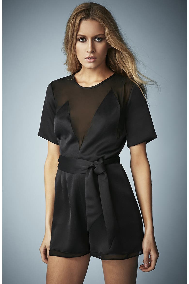 Kate Moss for Topshop Satin Romper, Main, color, BLACK