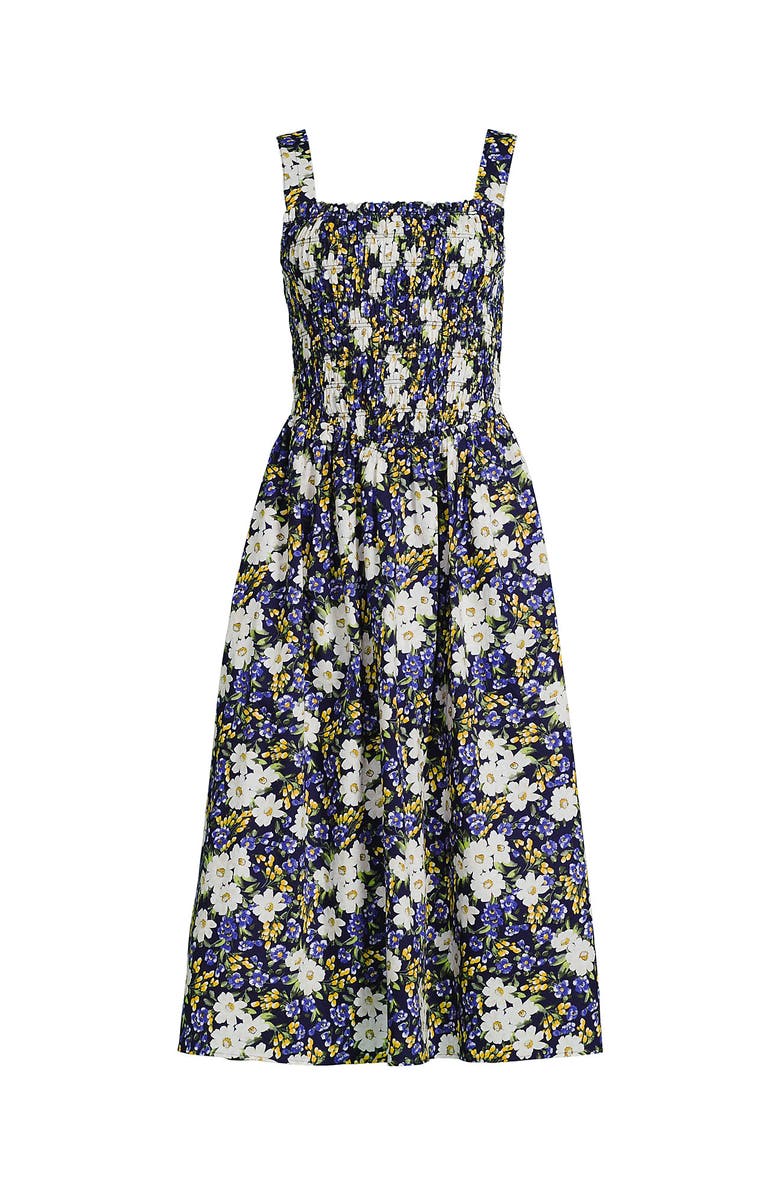 Lands' End Poplin Smocked Bodice Midi Dress, Alternate, color, Deep Sea Spring Floral