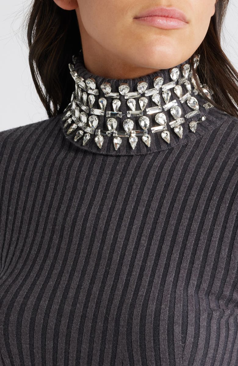 bebe Crystal Neck Long Sleeve Rib Midi Dress, Alternate, color, Charcoal