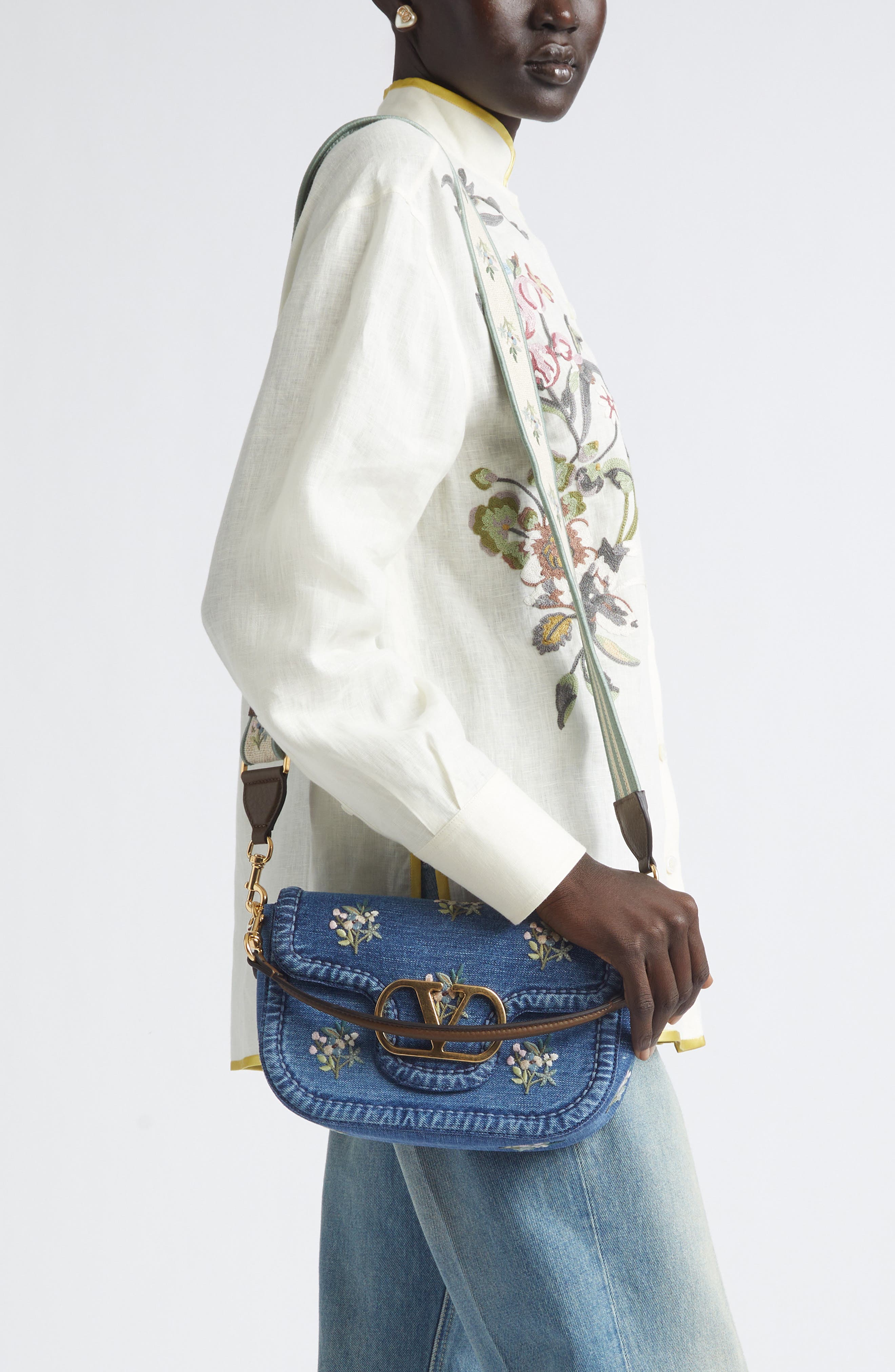 Valentino Garavani Alltime Denim Shoulder Bag, Alternate, color, Blue Multi