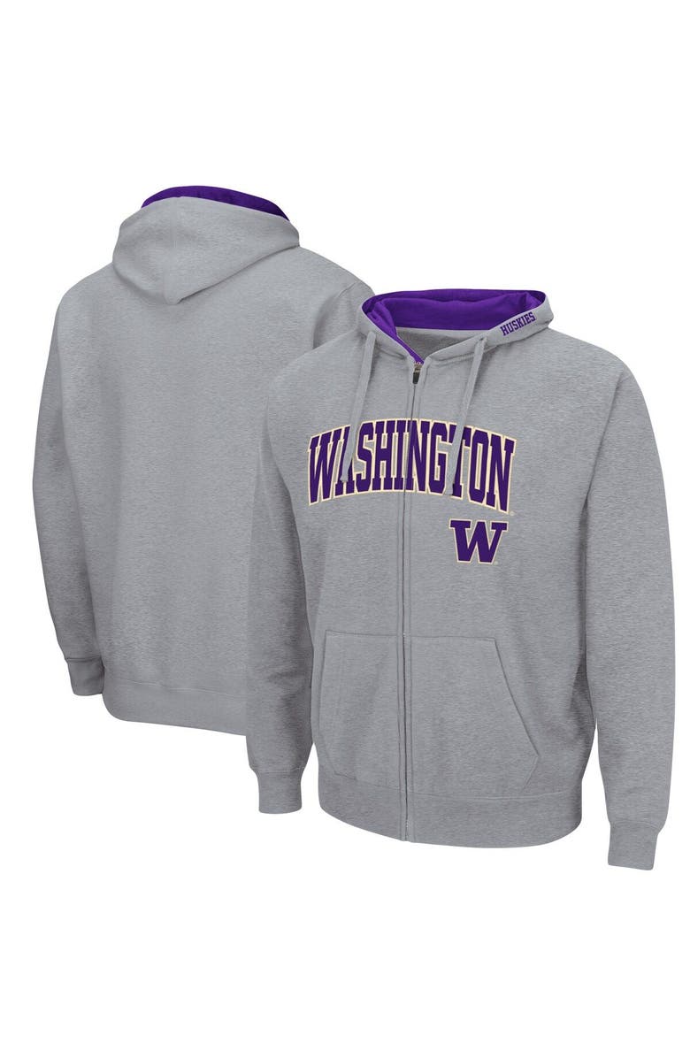 COLOSSEUM Men's Colosseum Heathered Gray Washington Huskies Arch & Logo 3.0 Full-Zip Hoodie, Main, color, 
