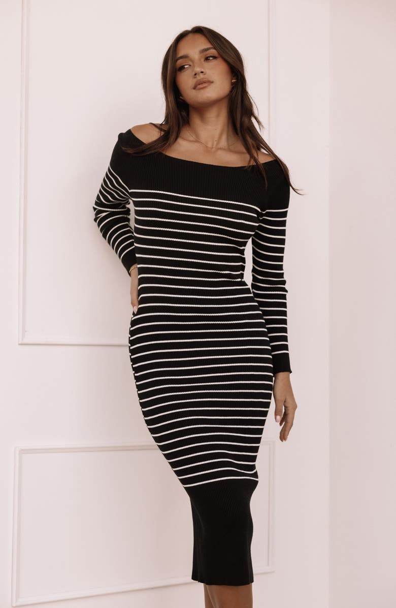 Petal & Pup Baxtor Stripe Long Sleeve Midi Sweater Dress, Alternate, color, Black/White