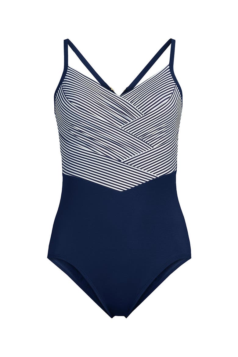 Slender Suit V-neck Pleated X-back One Piece Swimsuit Adjustable Straps, Alternate, color, Deep Sea Navy Mini Stripe