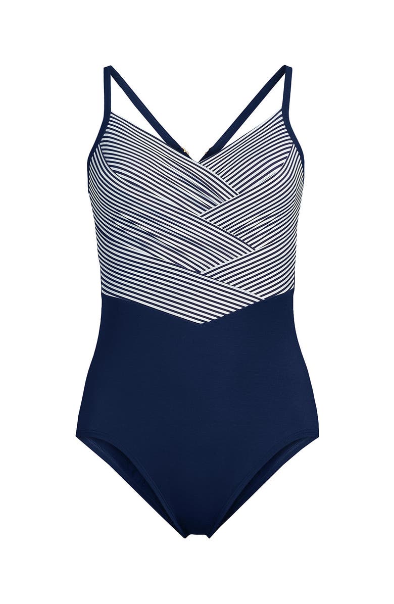 Lands' End Slender Suit V-neck Pleated X-back One Piece Swimsuit Adjustable Straps, Alternate, color, 