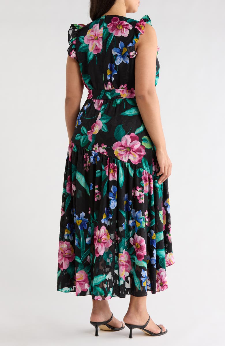 Anne Klein Print Ruffle High-Low Faux Wrap Maxi Dress, Alternate, color, Anne Black Multi
