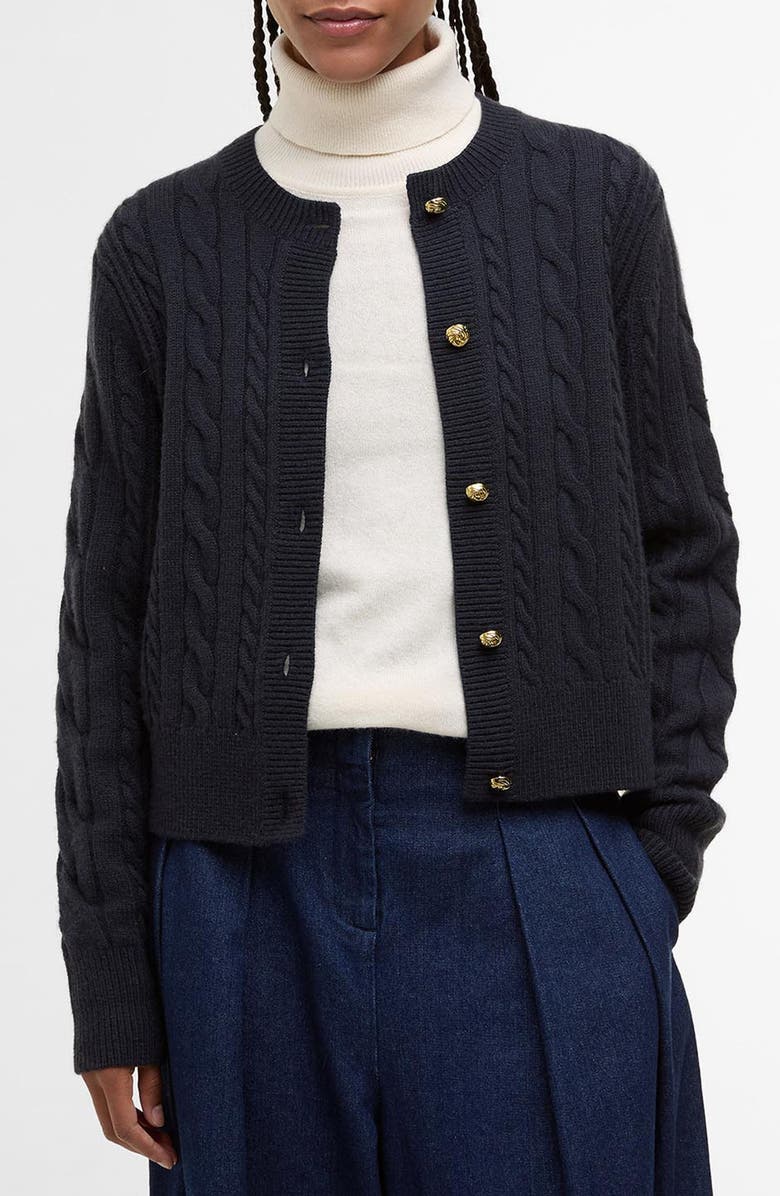 Barbour Elina Cable Stitch Wool & Cashmere Cardigan, Main, color, Dark Navy