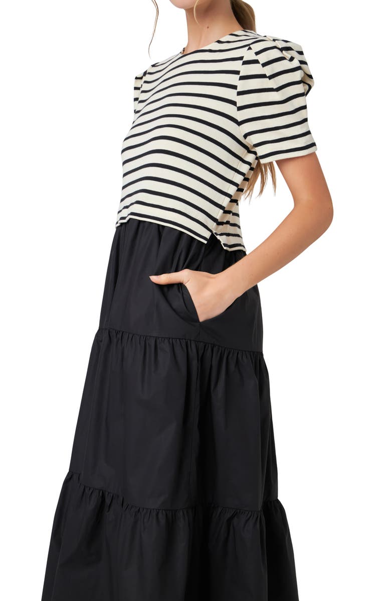 English Factory Tiered Puff Sleeve Mixed Media Dress, Alternate, color, 