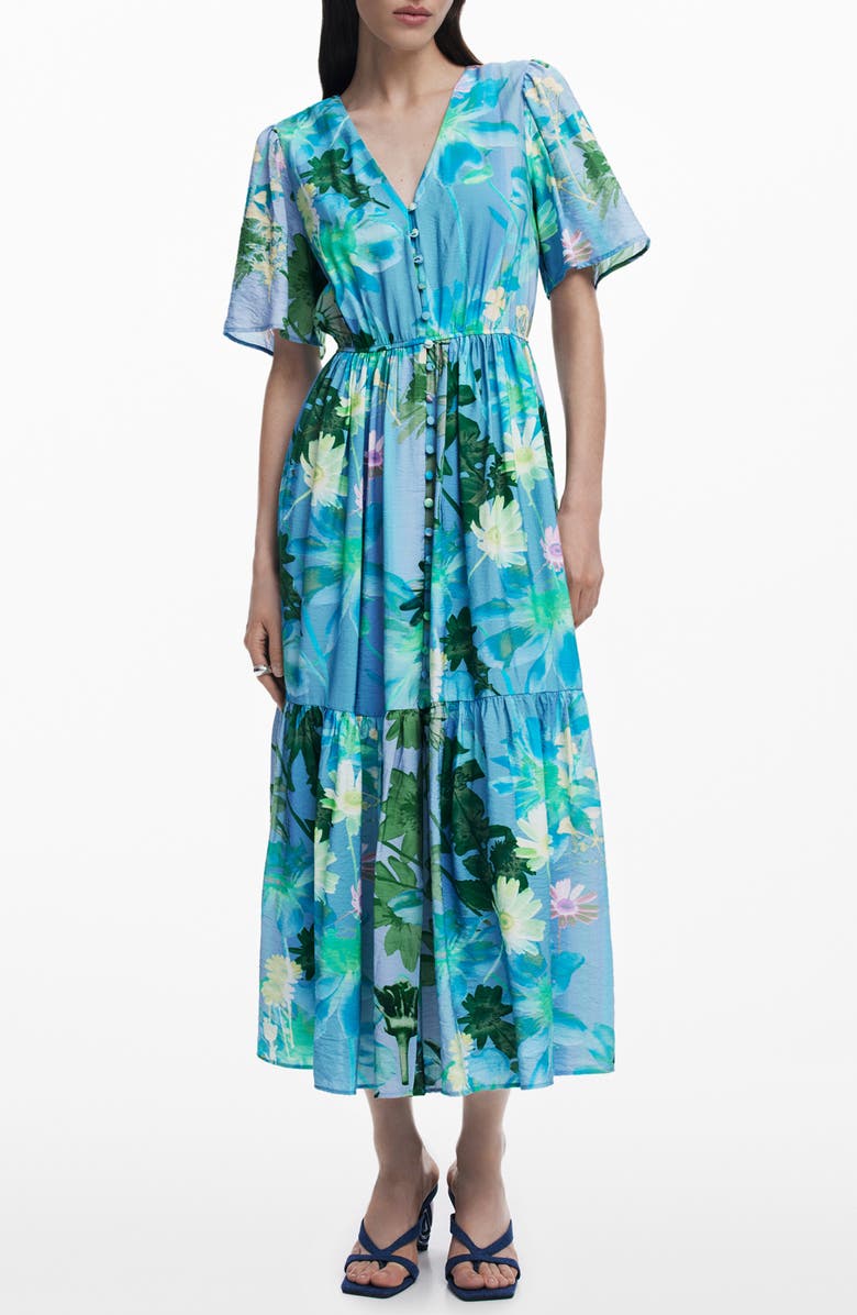 Desigual Floral Print Ruffle Hem Maxi Dress, Main, color, Water Green