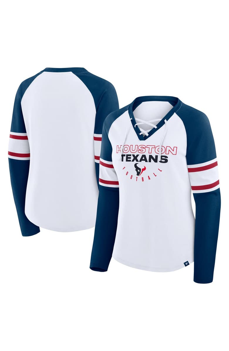 FANATICS Women
s Fanatics White/Navy Houston Texans Redzone Blitz Package Raglan Lace-Up V-Neck Long Sleeve T-Shirt, Main, color, White