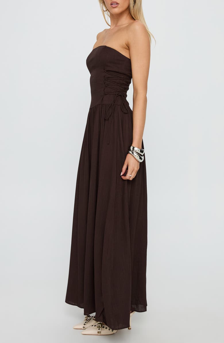 Princess Polly So Far So Good Strapless Linen & Cotton Maxi Dress, Alternate, color, Chocolate