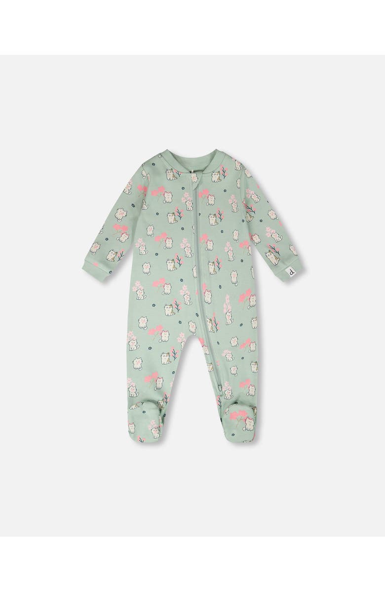 Deux par Deux Organic Cotton Kitten Print One-Piece Pyjama, Main, color, Green Kitten Print