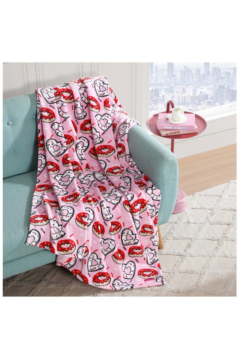 Donut Hearts Throw Blanket, Alternate, color, PINK
