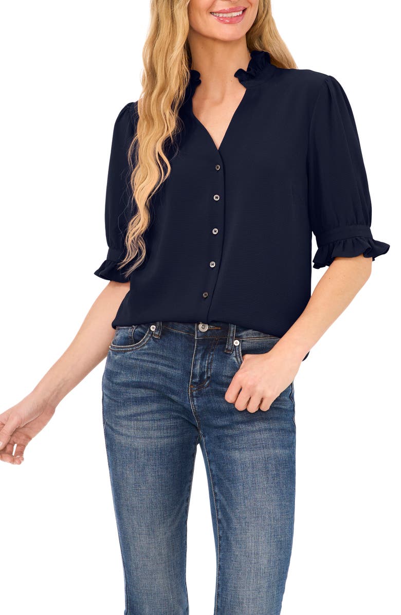 CeCe V-Neck Button-Up Shirt, Main, color, Classic Navy