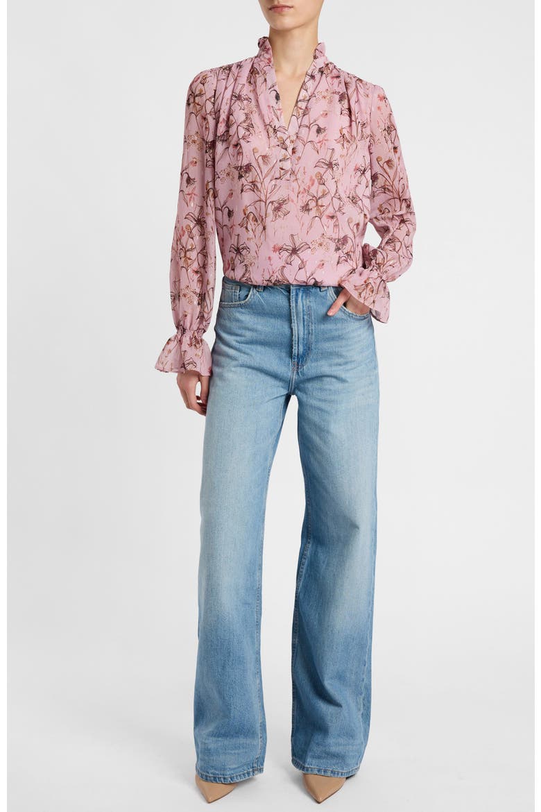 Chelsea Long Sleeve Ruffle Neck Blouse in Printed Georgette, Alternate, color, Sweet Pink