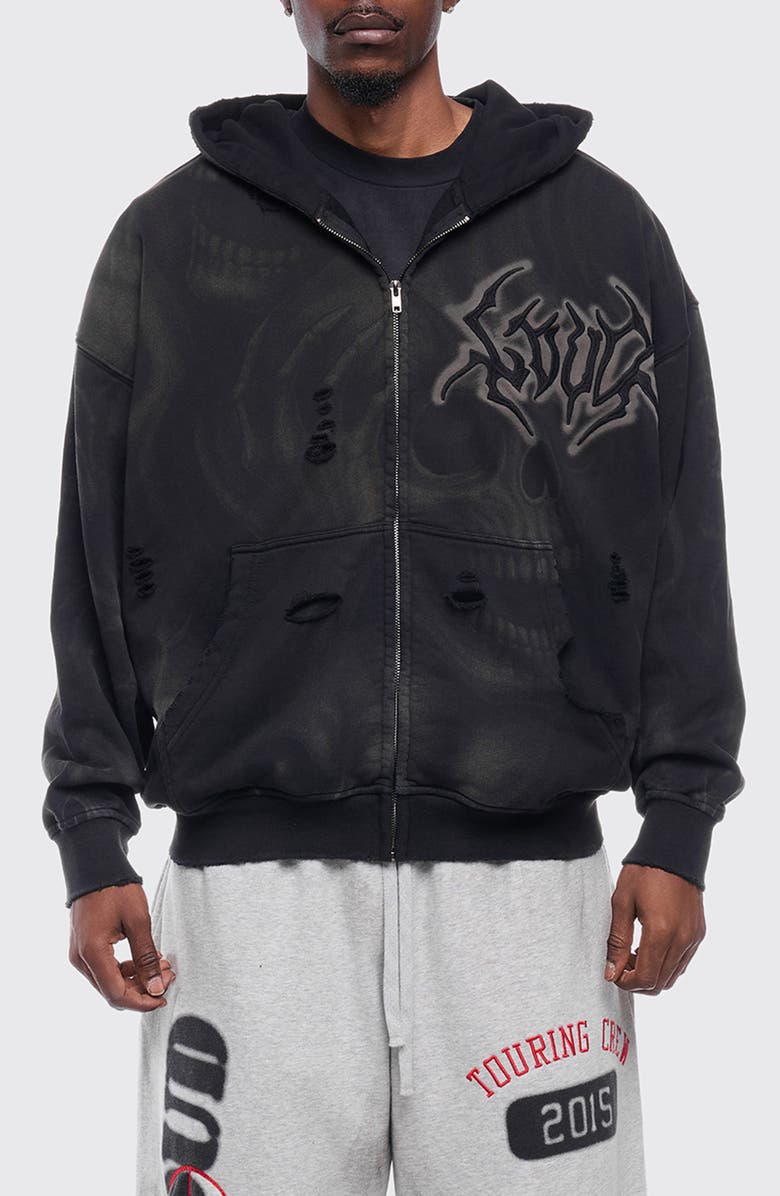 Rolling Loud Distressed Ghost Skull Zip Graphic Hoodie, Main, color, Washed Black