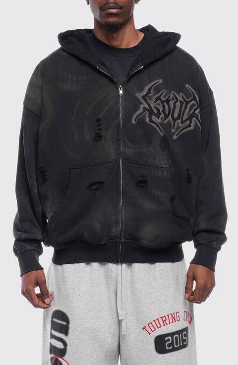 Distressed Ghost Skull Zip Graphic Hoodie