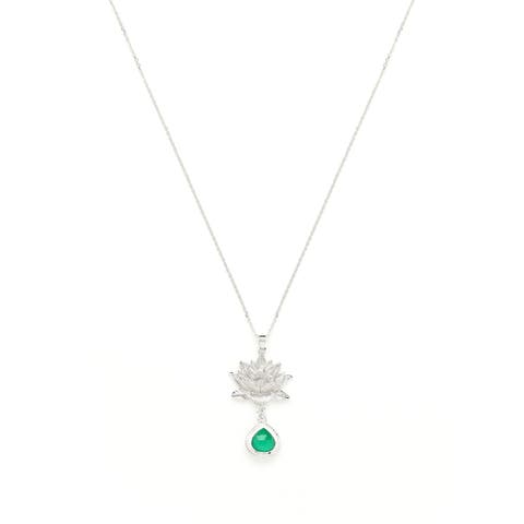 Aura Cleansing Lotus Necklace with Green Agate in White Rhodium | Seen in Vanity Fair UK