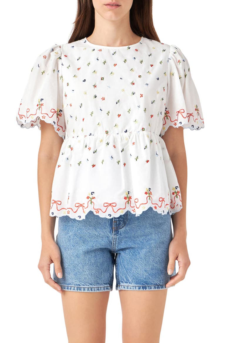 Floral Embroidered Scallop Top, Main, color, WHITE