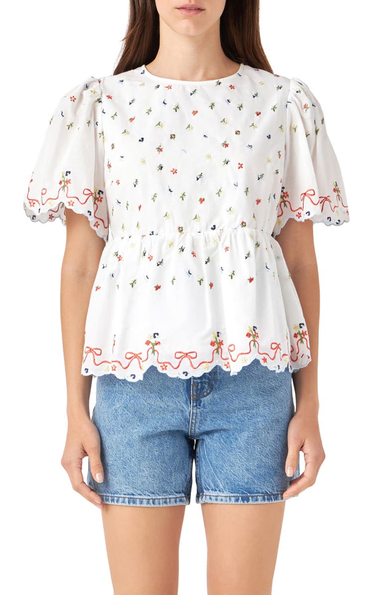 English Factory Floral Embroidered Scallop Top, Main, color, White