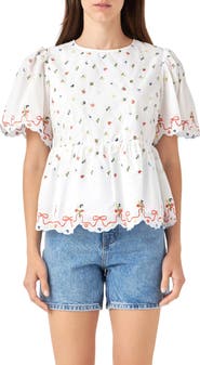 English Factory Floral Embroidered Scallop Top