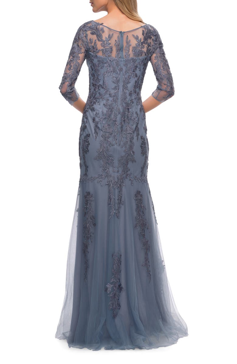 La Femme Tulle Gown with Lace Applique and Illusion Top, Alternate, color, Slate