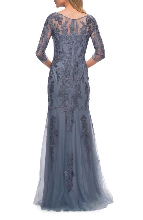 La Femme Tulle Gown With Lace Applique And Illusion Top In Slate