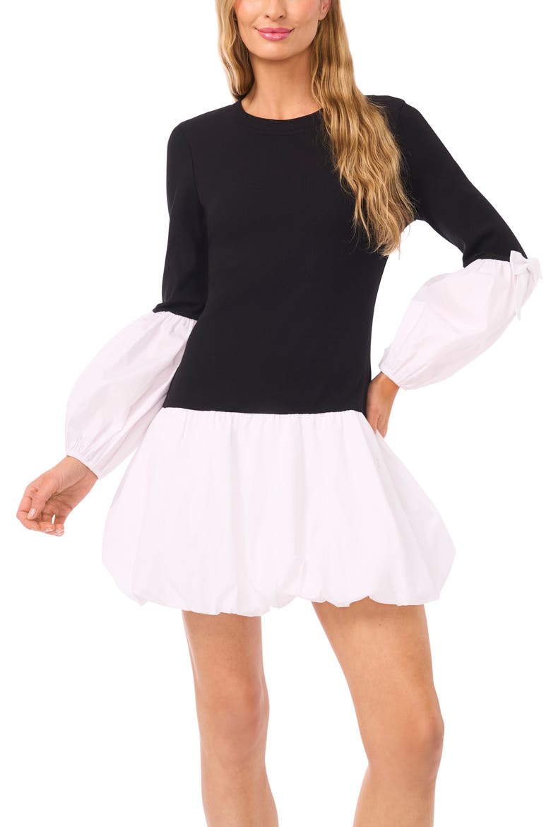Mixed Media Long Sleeve Minidress, Alternate, color, BLACK/ WHITE