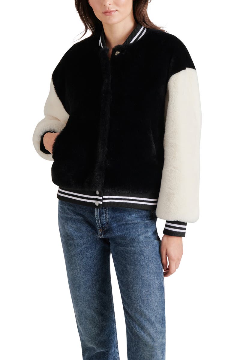 Steve Madden Faux Fur Varsity Jacket, Alternate, color,