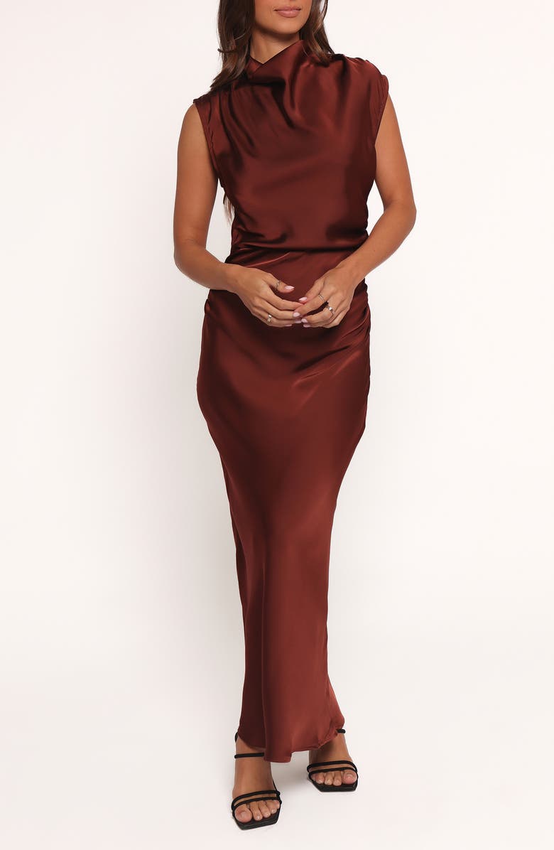 Petal & Pup Meryn Ruched Satin Maxi Dress, Main, color, Brown