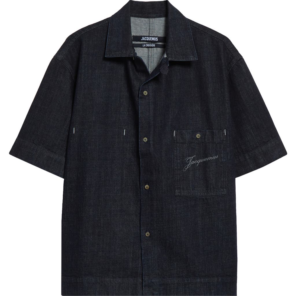 Jacquemus 'de Nîmes' Blue Shirt With Embroidered Logo On The Front In Dark Navy