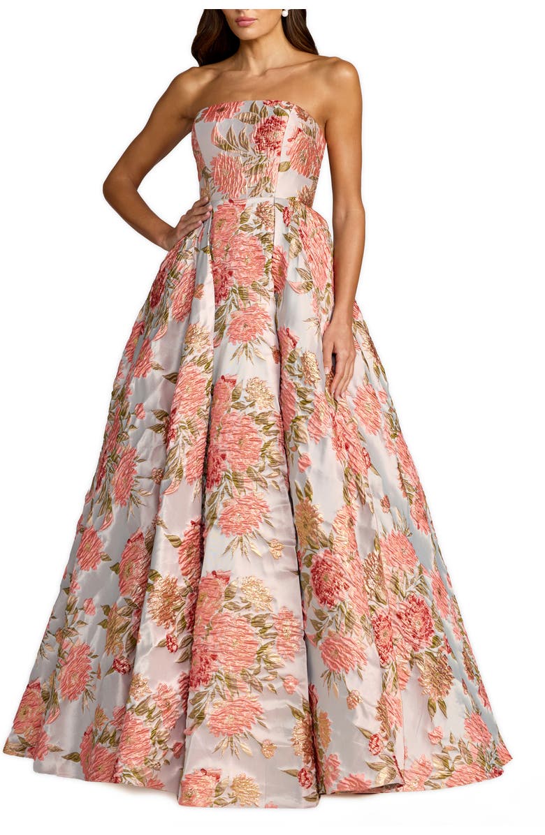 Mac Duggal Strapless Floral Brocade Ball Gown With Pockets, Main, color, Pastel Multi