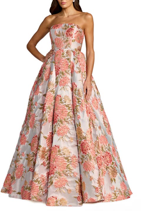 Strapless Floral Brocade Ball Gown With Pockets