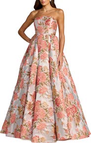 Mac Duggal Strapless Floral Brocade Ball Gown With Pockets