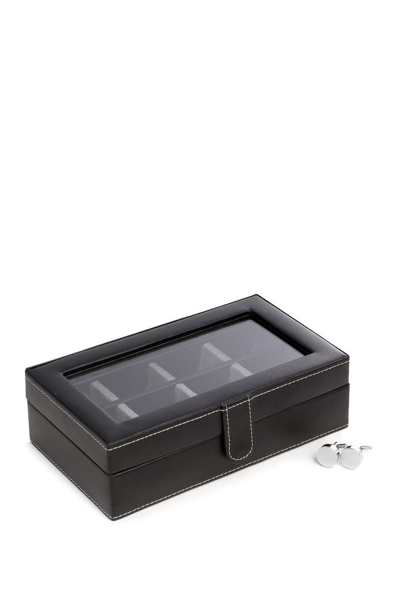 Black Leather Rectangular Window 12 Cufflink Box, Alternate, color, MULTI-COLOR