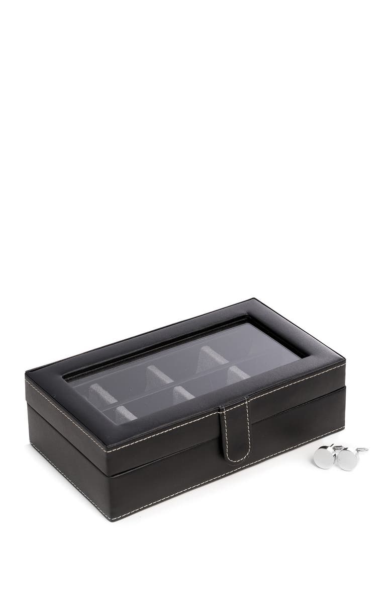 Bey-Berk Black Leather Rectangular Window 12 Cufflink Box, Alternate, color, Multi-Color