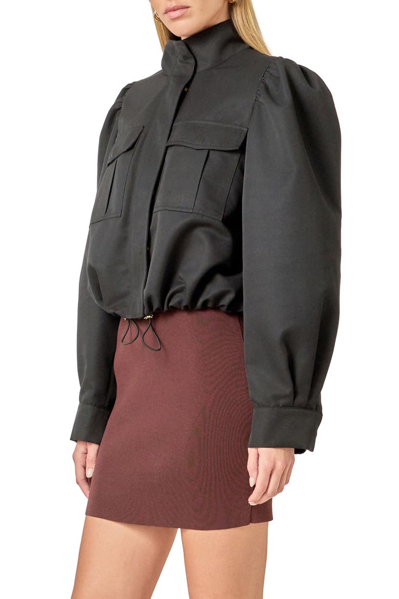 Drawstring Crop Bomber Jacket, Alternate, color, BLACK