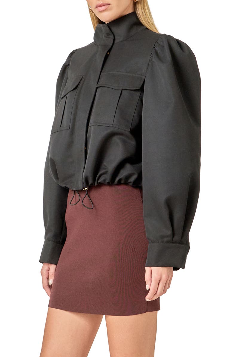 English Factory Drawstring Crop Bomber Jacket, Alternate, color, Black