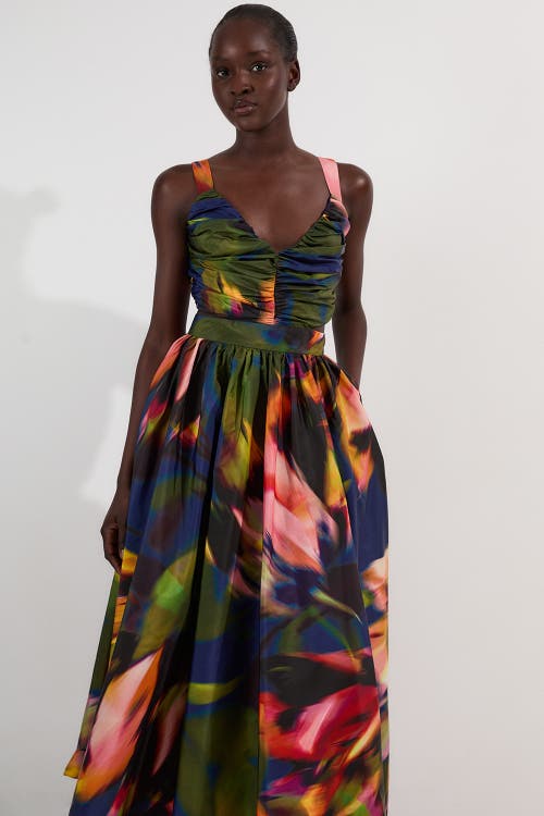 Karen Millen Blurred Floral Taffeta Maxi Dress In Multi