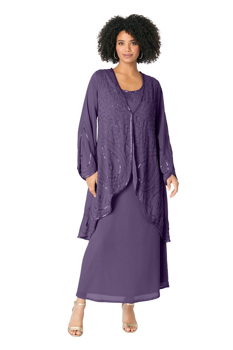 Plus-Size 2 Piece Long Sleeve Beaded Georgette Gown Set With Detachable Jacket, Main, color, PURPLE GRAPE