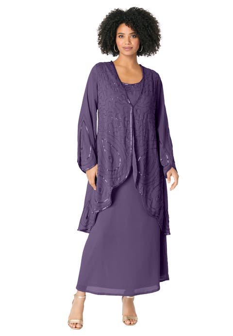 Plus-Size 2 Piece Long Sleeve Beaded Georgette Gown Set With Detachable Jacket (Plus)
