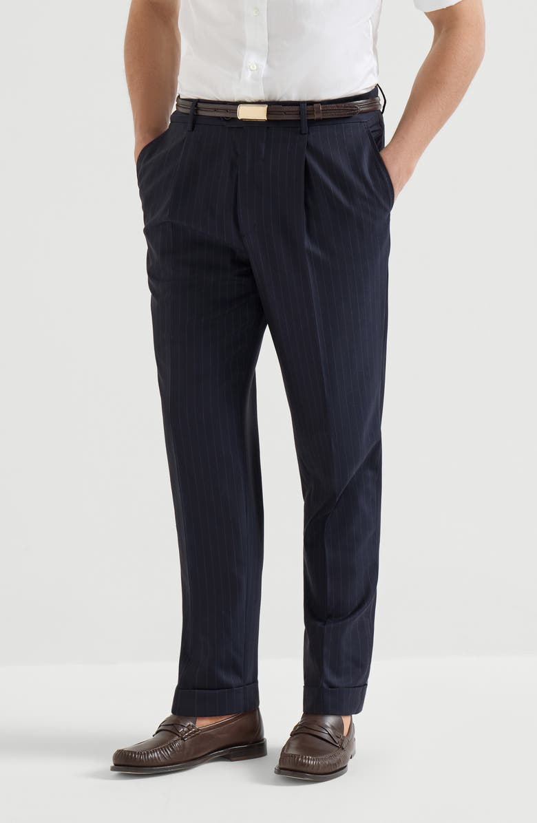 Brunello Cucinelli Leisure fit trousers with pleats, Main, color, Navy Blue