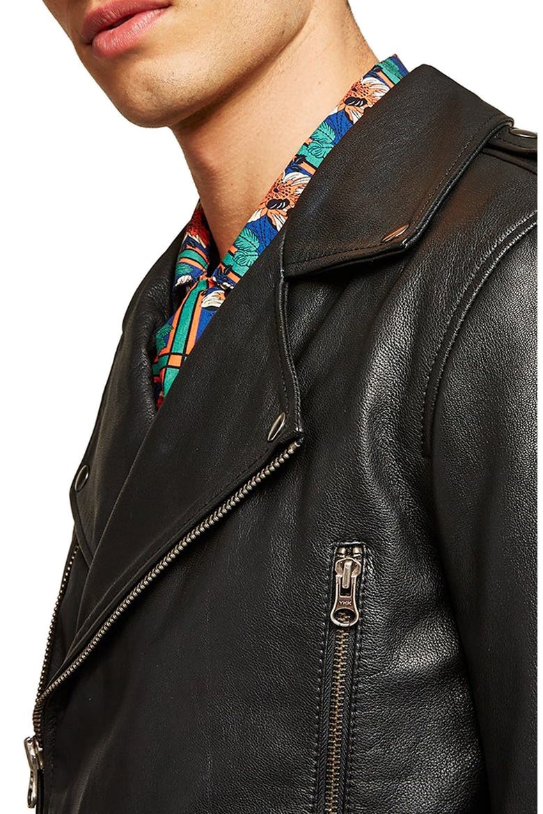 Classic Fit Leather Biker Jacket, Alternate, color, BLACK