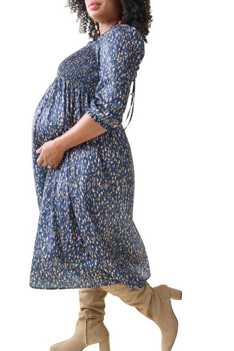 The Breeze Elbow Sleeve Sateen Maternity Dress, Alternate, color, BLUE MULTI BLUR DOT