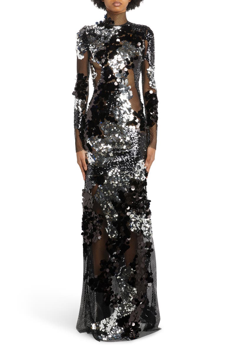 Long Sleeve Sequin & Mesh Gown, Main, color, BLACK/ SILVER