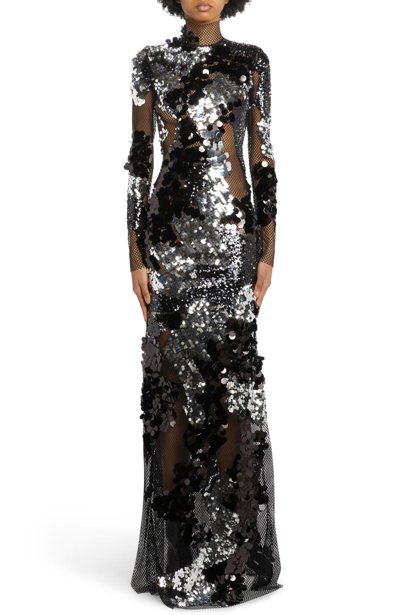 TOM FORD Long Sleeve Sequin & Mesh Gown, Main, color, Black/ Silver