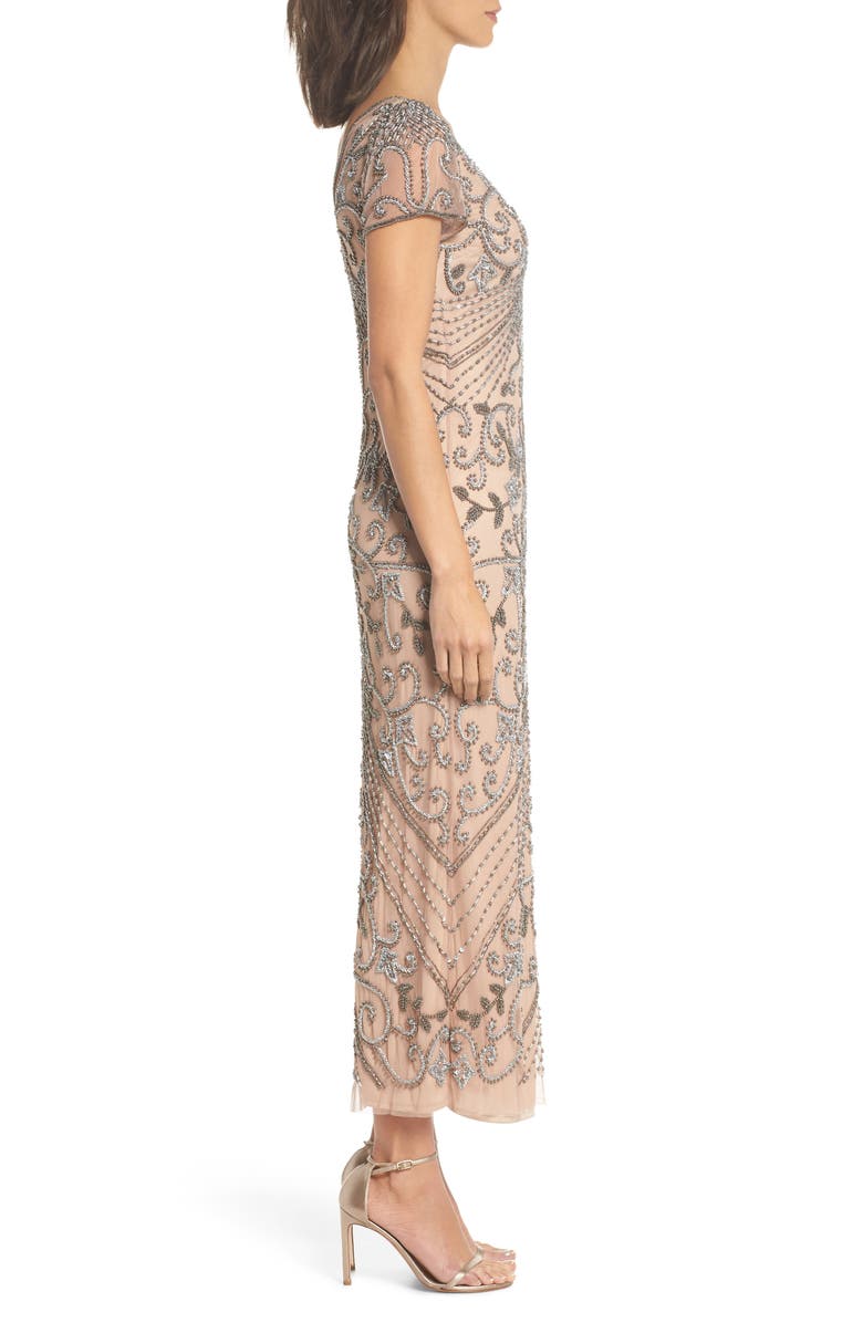 Beaded Mesh Column Gown