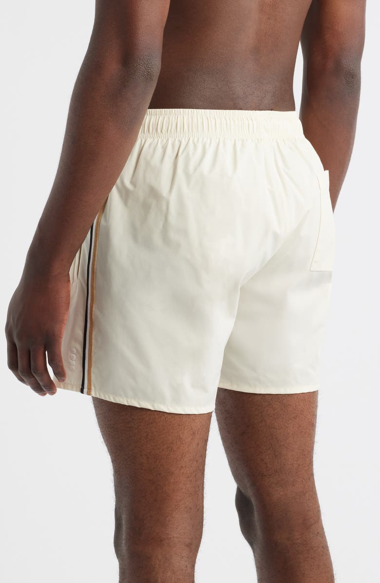 BOSS Side Stripe Stretch Swim Trunks, Alternate, color, Open White