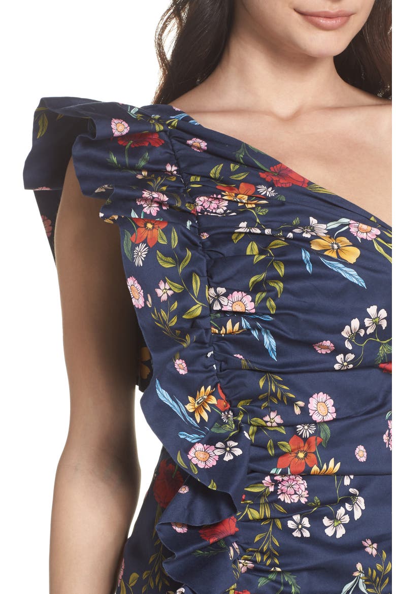 C/MEO No Matter One-Shoulder Ruffle Minidress, Alternate, color, NAVY FLORAL