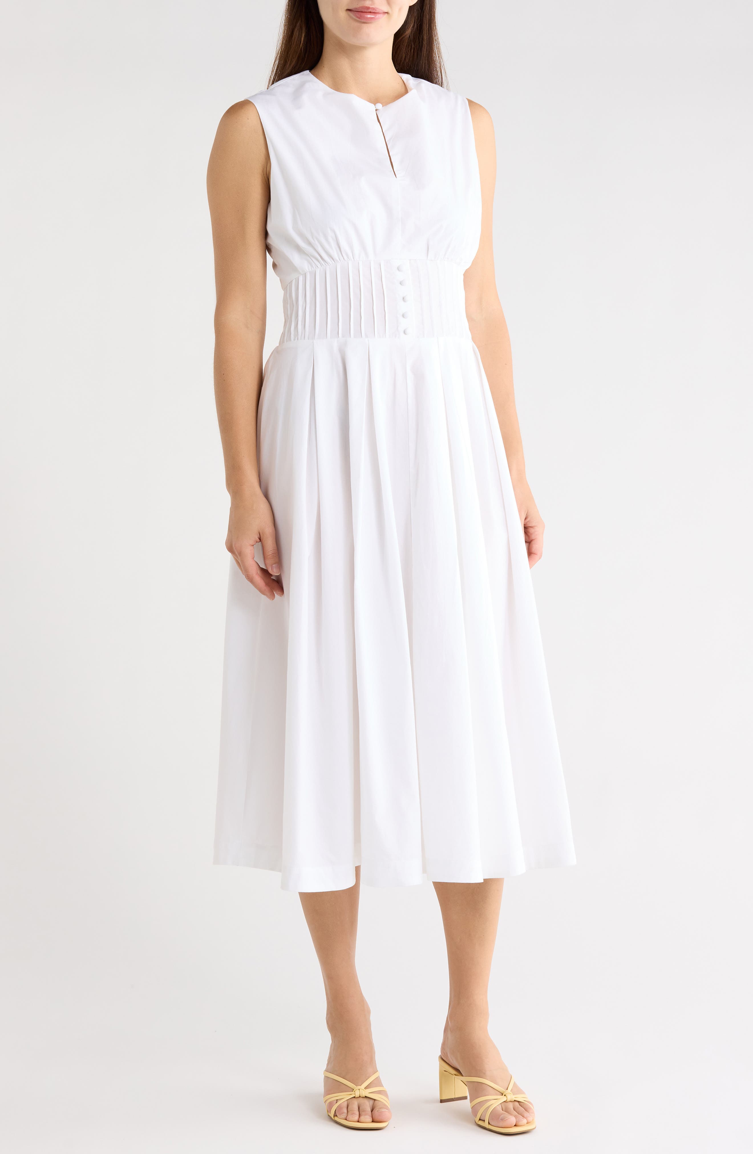 Halogen® Sleeveless Pintucked Empire Waist Cotton Midi Dress